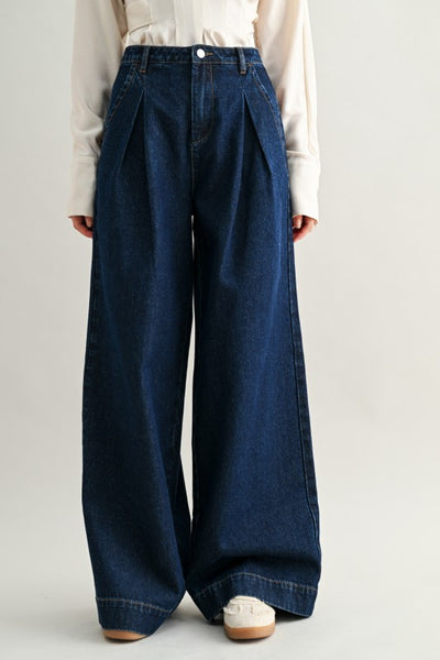 Mid-rise Pleated Wide Leg Denim Pants