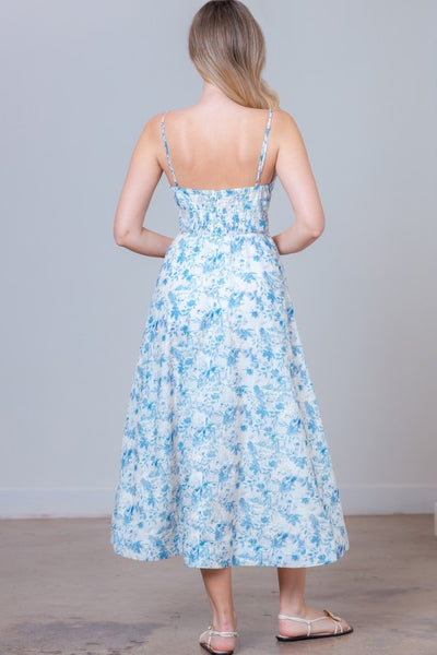 Ivory and Blue Embroidered Plunge Midi Dress