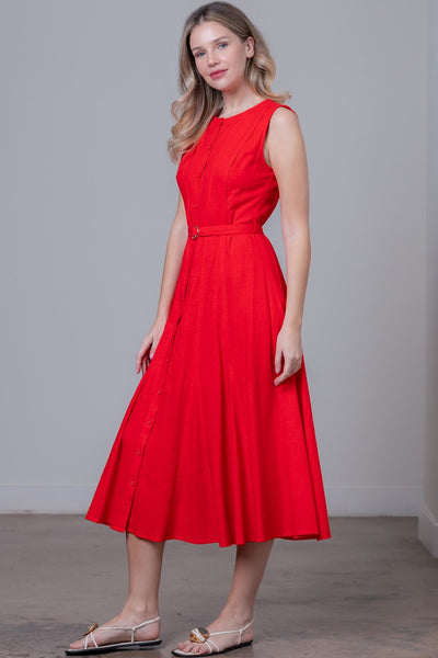Bright Red Linen Dress With Belt