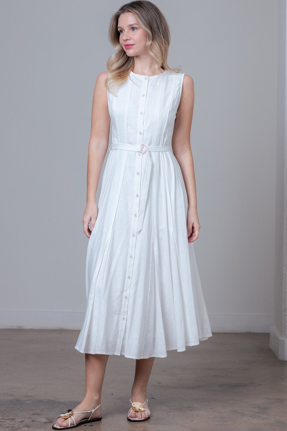 White Linen Button Down Dress With Belt Large