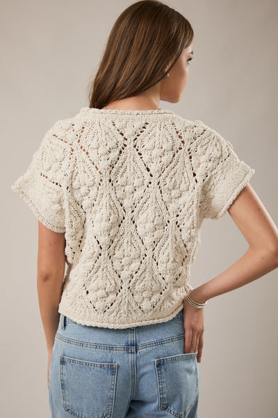 Cream Crochet Short Sleeve Sweater Top