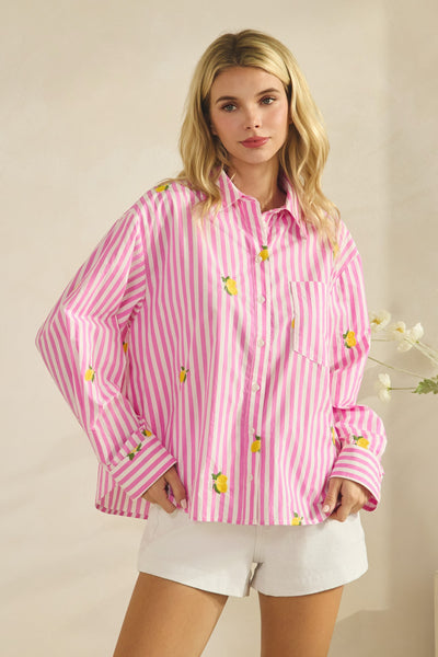 Lemon Embroidered Pink Button Down Blouse