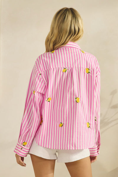 Lemon Embroidered Pink Button Down Blouse