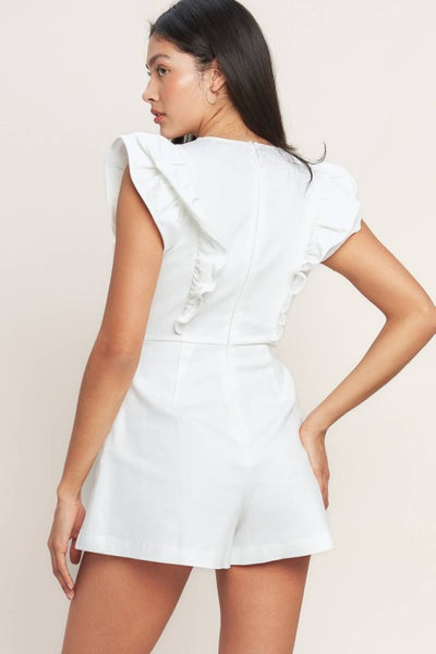 White Denim Romper with Ruffle Sleeves and Button Down Detail Front
