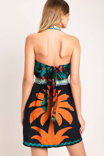 Palm Tree Print Twist Halter Neckline Mini Dress