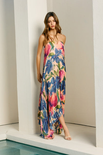 Floral Strapless Pleated Maxi Column Dress
