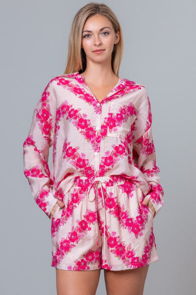 Pink Floral Long Sleeve Button Down and Short Set