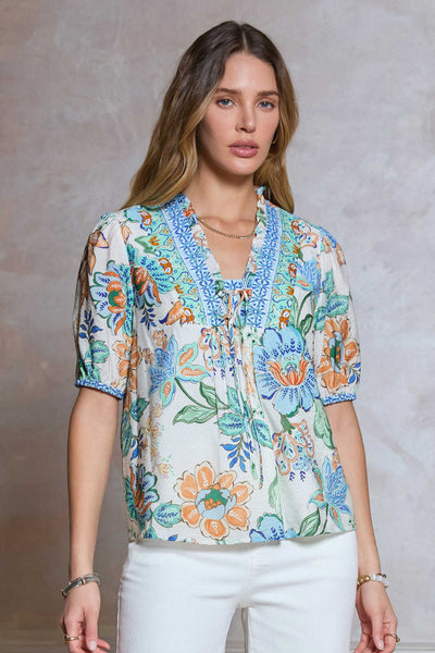 Floral Print, Ruffled Neck Line Blouse