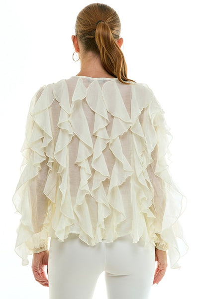 Cream Sheer Ruffle Blouse with Tie Front