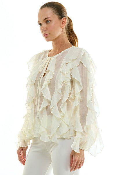 Cream Sheer Ruffle Blouse with Tie Front