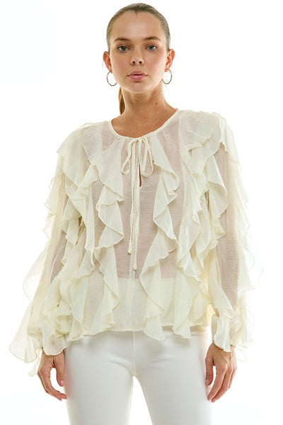 Cream Sheer Ruffle Blouse with Tie Front