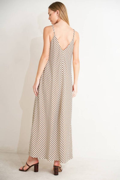 Brown and White Striped Maxi Dress with V-Neckline