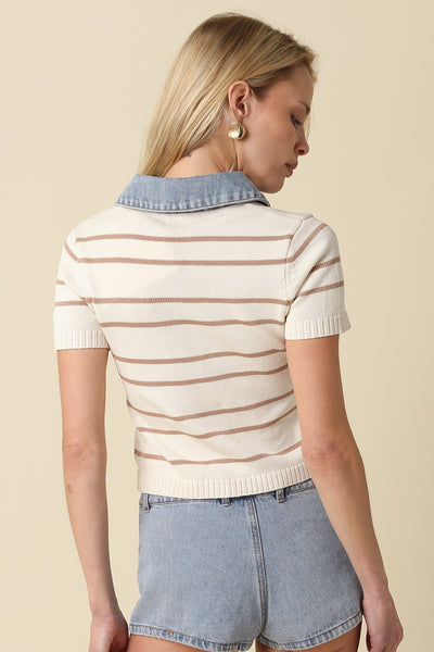Short Sleeve Sweater With Denim Contrast