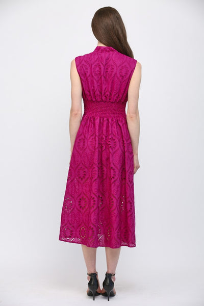 Magenta Front Zip Closure Emb Eyelet Lace Midi Dress