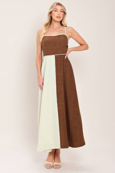 Beige & Brown Contrast Midi Dress