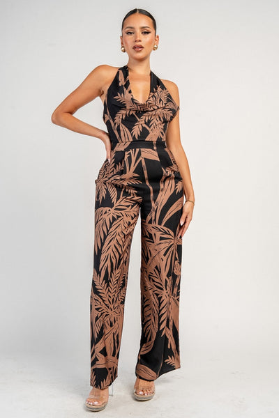 Black/Brown Halter Leaf Print Jumpsuit