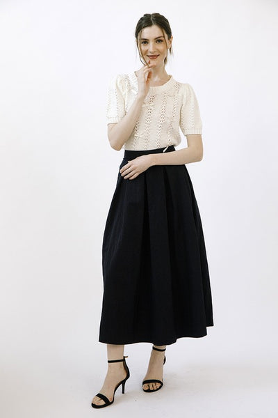 Black Monochromatic Pleated Midi Skirt