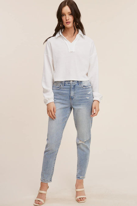 White Colored Shirring Short Sleeve Sweater Top
