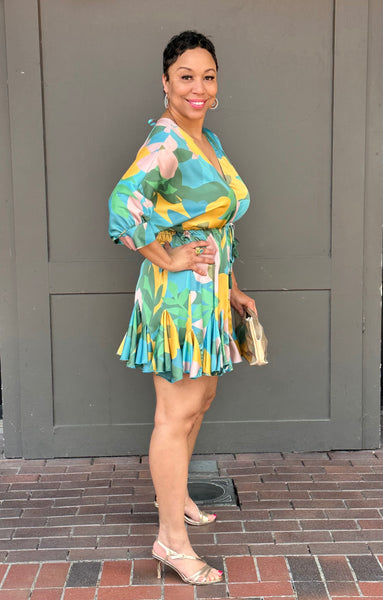 Aqua Green Sleeve Tie Waist Mini Dress