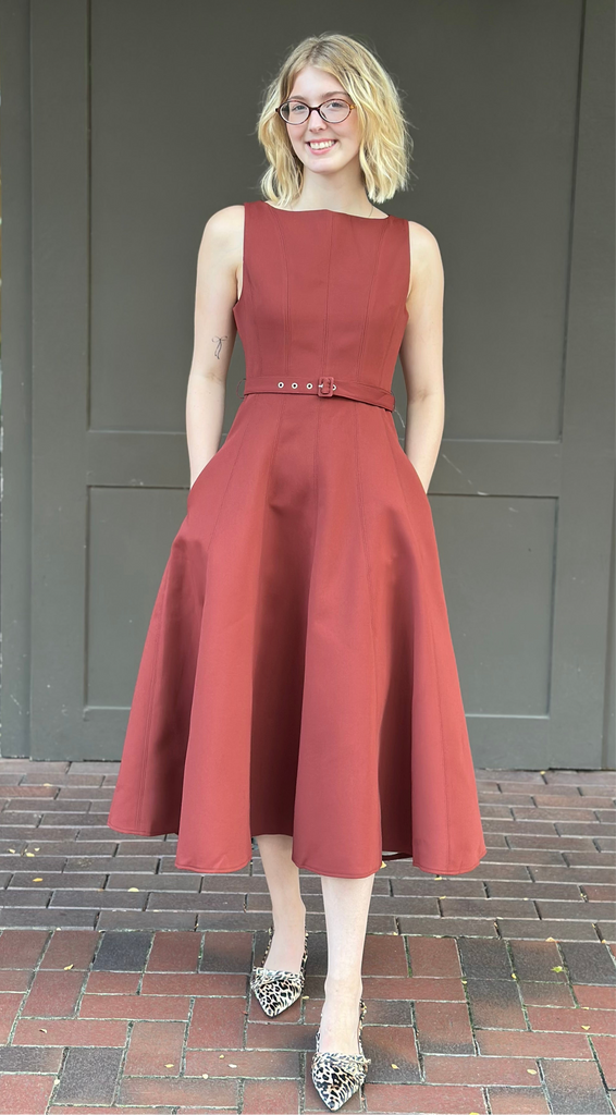 Red Boat Neck Belted Midi Dress