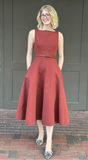 Red Boat Neck Belted Midi Dress