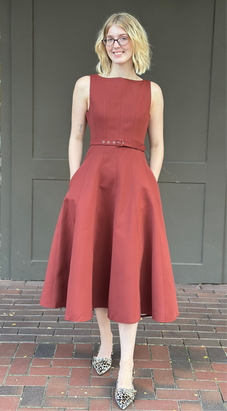 Red Boat Neck Belted Midi Dress
