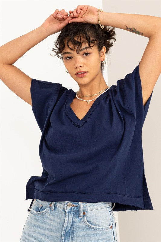 Dark night Colored Raw Edge V Neck Oversized T Shirt