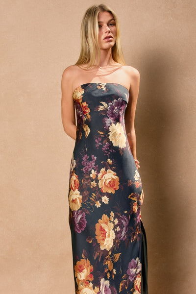 Nightfall Floral Strapless Bias Cut Maxi Dress