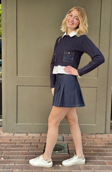 Denim Knit Patch Long Sleeve W/ Denim Skirt Set
