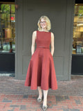 Red Boat Neck Belted Midi Dress
