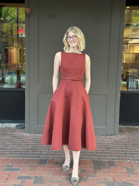 Red Boat Neck Belted Midi Dress