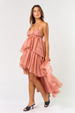 Peach Layered V-Neck Ruffle Dress