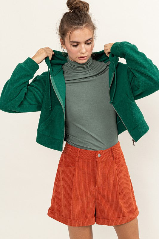 Pine Green Colored Sherpa Cropped Zip Up Hoodie