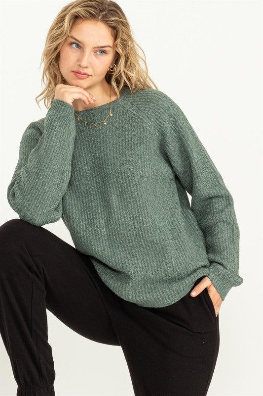 Washed Green Colored Ribbed Long Sleeve Sweater