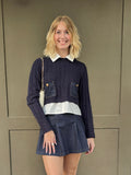 Denim Knit Patch Long Sleeve W/ Denim Skirt Set