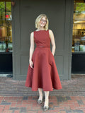 Red Boat Neck Belted Midi Dress