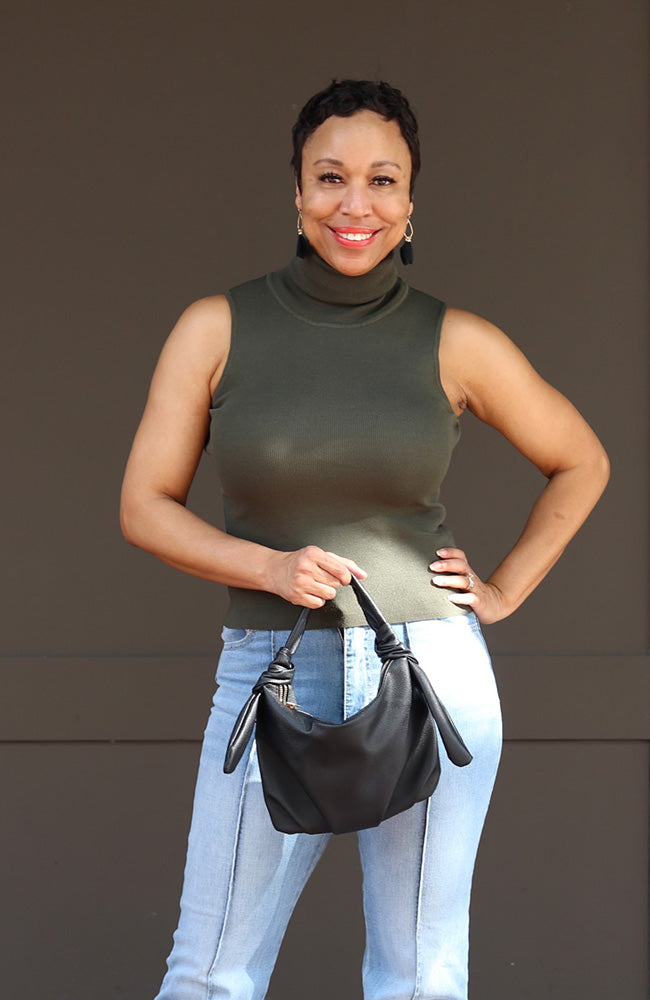 Olive Colored Sleeveless Turtleneck Knit Sweater