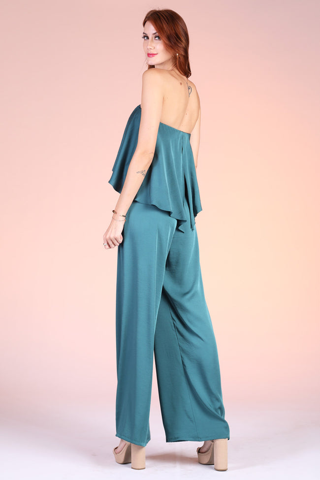 Hunter Green Colored Washed Poly Silk Cascade Strapless Jumpsuit