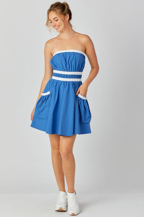 Blue and White Contrast Gathered Over Sized Pocket Tube Dress