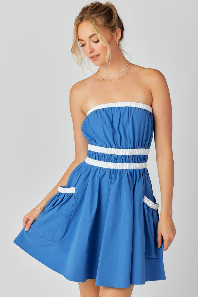 Blue and White Contrast Gathered Over Sized Pocket Tube Dress