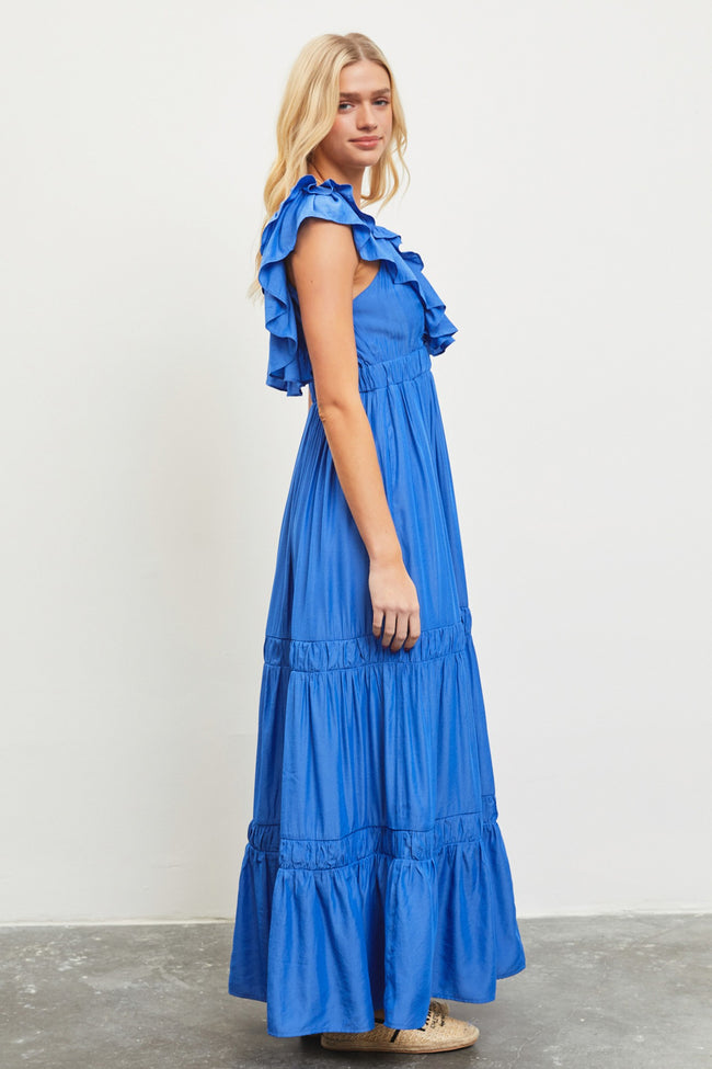 French Blue V-Neck Ruffle Tiered Maxi Dress