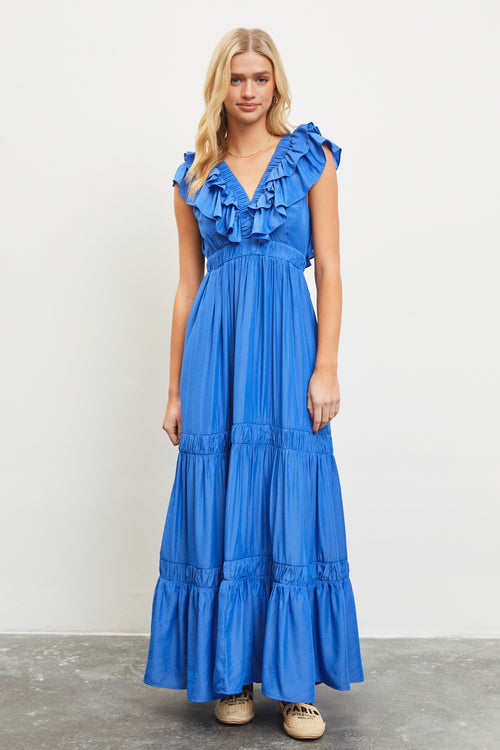 French Blue V-Neck Ruffle Tiered Maxi Dress