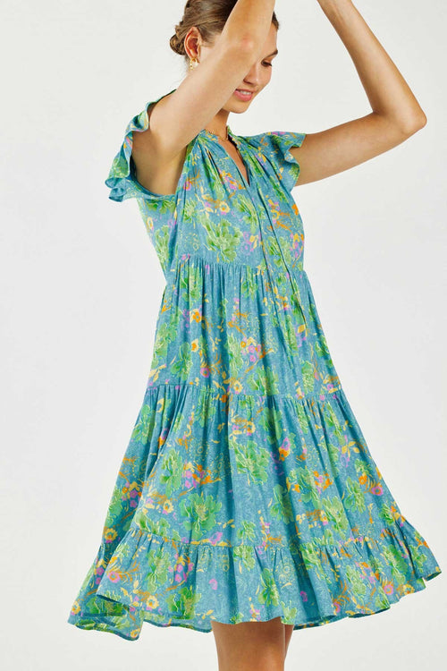 Blue Multi Floral Printed Ruffled Split Neck Tiered Dress