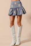 Star Sequins Washed Denim Mini Balloon Skirt