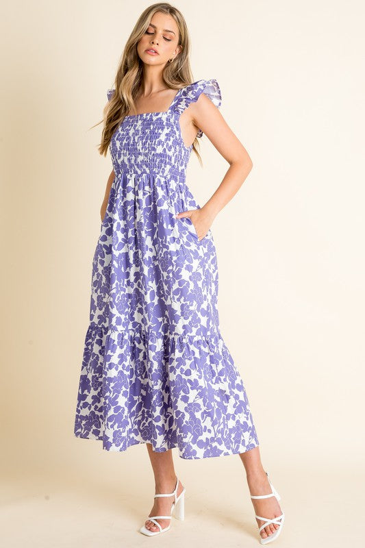 Purple Colored Smocked Floral Print Maxi Dress