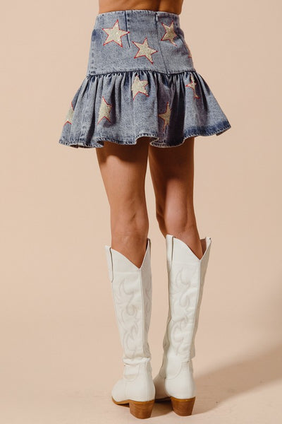 Star Sequins Washed Denim Mini Balloon Skirt