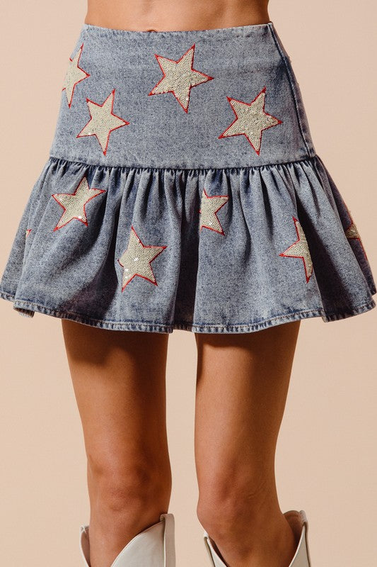 Star Sequins Washed Denim Mini Balloon Skirt