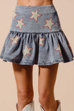 Star Sequins Washed Denim Mini Balloon Skirt