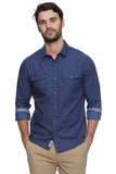 Navy Colored Dobby Print Long Sleeve Button Up