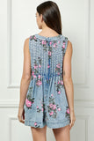 Denim Floral Printed Pleated V Neck Sleeveless Romper